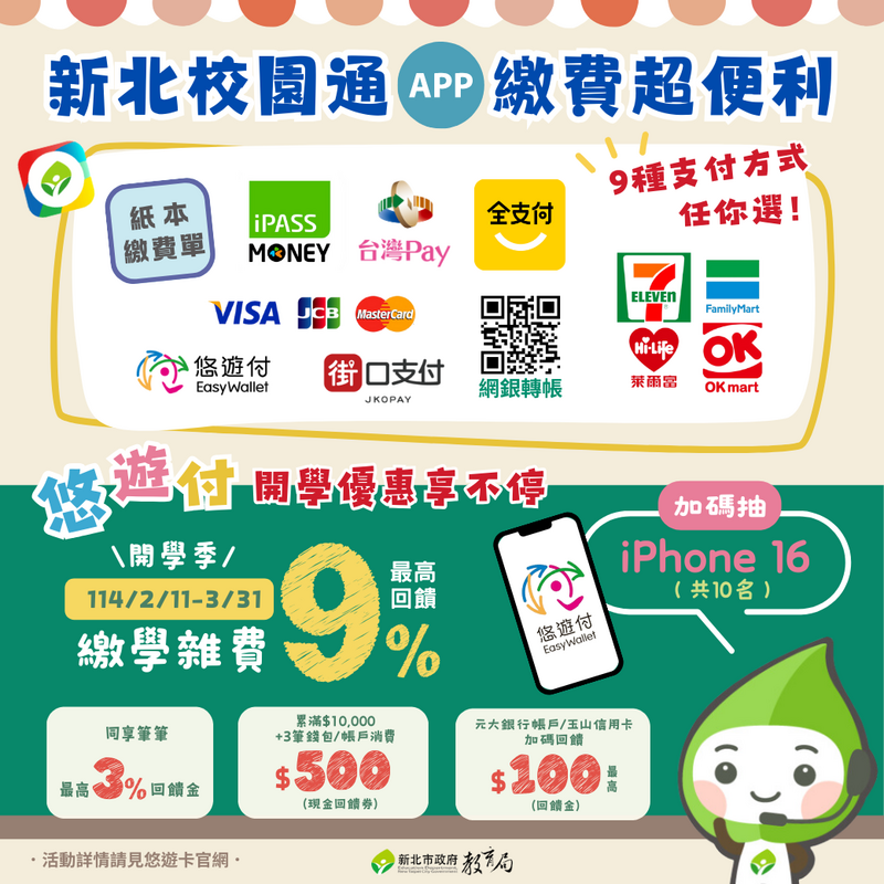 新北校園通APP繳費超便利 9種支付方式任你選
