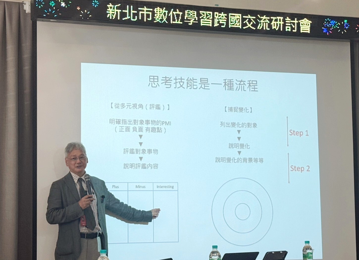 黑上教授以實例拆解「思考工具的兩個步驟」，現場示範如何運用PMI分析法，引導新北教圖片